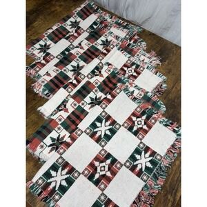 VTG Woven Christmas Placemats Set 6 Red Plaid Snowflake Cottagecore Fringe Red